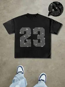 Men's Casual Short Sleeve Round Neck T-Shirt with Unique 23 Rhinestone Print, Durable Fabric, Comfortable Fit, Perfect for Daily Wear and Fitness