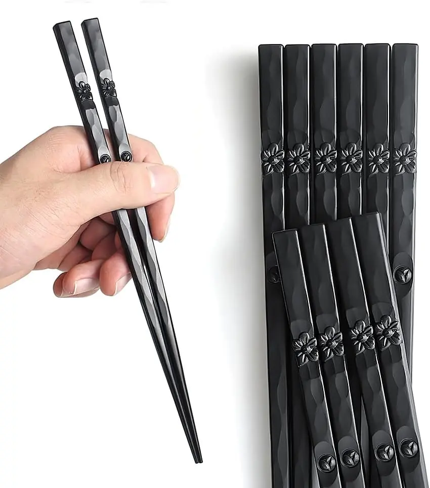 9.5 Inch Black Fiberglass Chopsticks (5 Pairs) - Reusable Non Slip Japanese Style Tableware Cutlery, Dishwasher Safe, Floral Round Design
