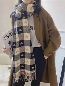 Plaid & Heart Pattern Tassel Design Scarf, Elegant Soft Warm Thick Shawl, Tassel Decor Shawl for Women & Men, Fashion Accessories for Fall & Winter