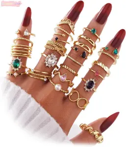 Women's Boho Gold Stackable Ring Set with Assorted Vintage Crystals and Pearls Knuckle Midi Rings for Versatile Styling