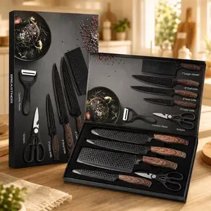 6PCS Black Stainless Steel Kitchen Knife Set with Wooden Handles | Ultra Sharp Non-Stick Blades, Universal Chef Knives | Durable Professional Kitchenware for Cutting, Chopping & Meat Prep