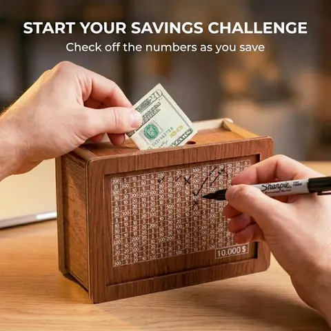 Wooden Savings Tracker Piggy Bank with Counter Included, Dry Erase Pen, Reusable Cash Vault, Specialty Kitchen Utensil Accessory, Ideal Great Gift for Family & Friends (Christmas, New Year)