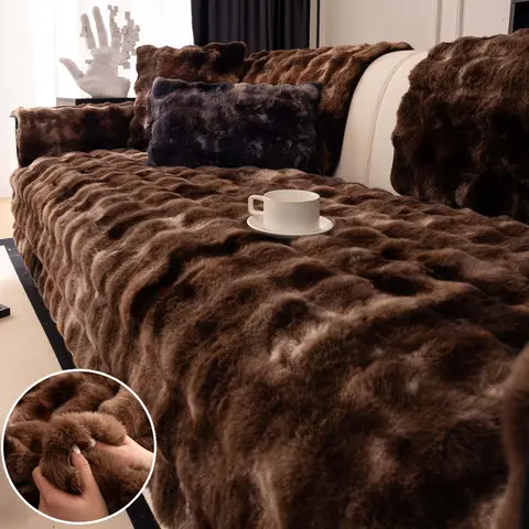1Pc Luxury Faux Fur Sofa Cover – Fluffy Non-Slip Couch Cover, Thick Warm Washable Sofa Protector,, Pet-Friendly for Dogs & Cats, Coffee Brown, Fits Armchair/Loveseat/3-Seater/Sectional, Living Room Decor