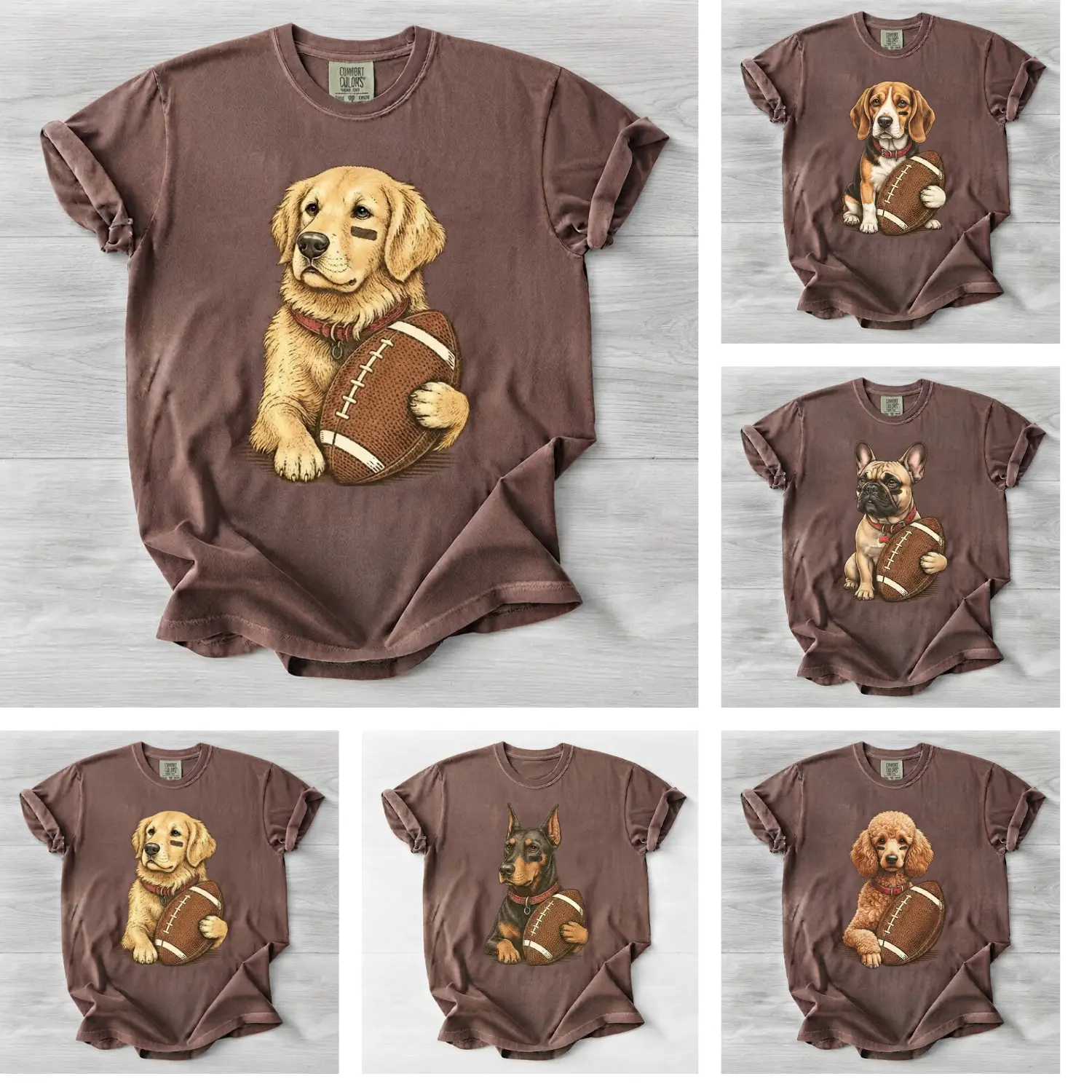 Custom Dog Football Comfort Colors T-Shirt, 50+ Dog Breeds American Football Tee, Cute Sports Dog Lover Gift, Vintage Graphic Shirt