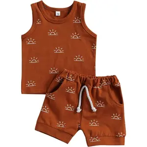 Infant Toddler Boys' 2-Piece Cotton Clothes - Sleeveless Crew Neck Shirt, Stretchy Waist Relaxed Fit Casual Shorts, Breathable Beachwear