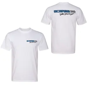 Scarab Racing T-Shirt, White Marine Speedboat Tee with Checkered Flag Graphic, Offshore Powerboat Lifestyle Shirt for Boat Racing Fans & Speed Enthusiasts