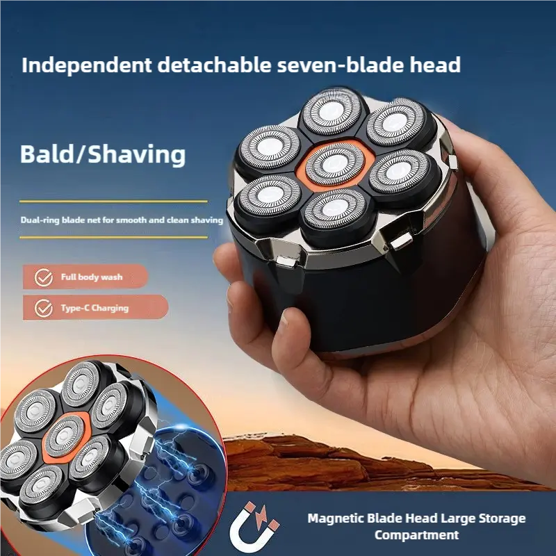 Electric Shaver Replacement Shaving Head, 7-Blade Detachable Magnetic Head with Dual-Ring Blade Net, Full-Body Washable, Type-C Charging, Large Storage Compartment,                Shave Your Face or Head in the Shower,                boyfriend gifts