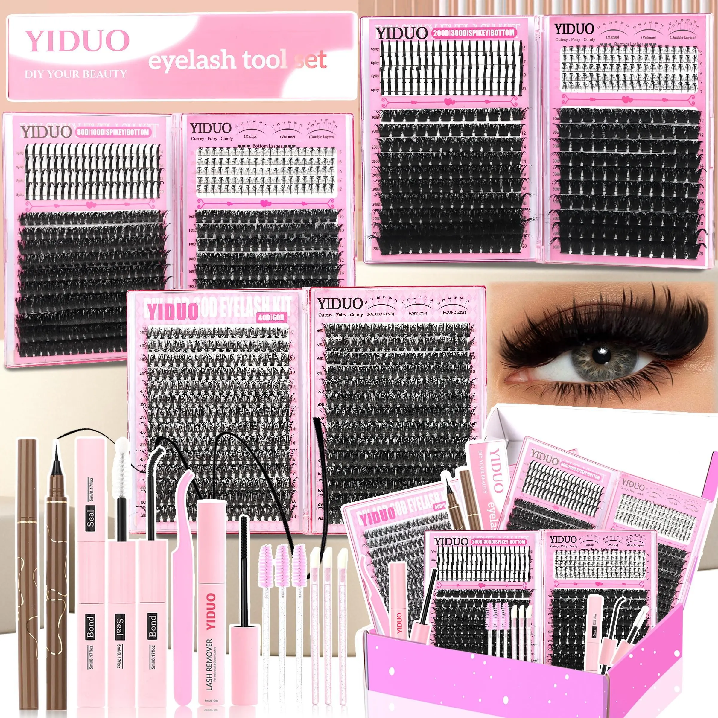 YIDUO Eyelash Cluster Kit Spiky, 40D/60D/80D/100D, 420/540/560Pcs, 5-20mm Volume D-Curvature Eyelash Extensions with Lash Bond, Seal, Eyelash Glue Tweezers, Remover, Eyeliner Pencil, Eyelash Brush, Includes Lash Tools, DIY at Home Cosmetic Tools