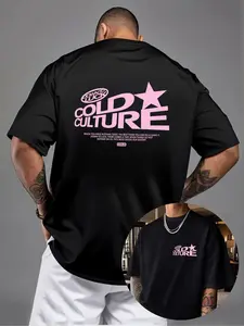 Cold Culture Pattern Loose Fit Men's T-Shirt, Street Style Casual Long Sleeve Tee, Geometric Letter Design, All Seasons Wear
