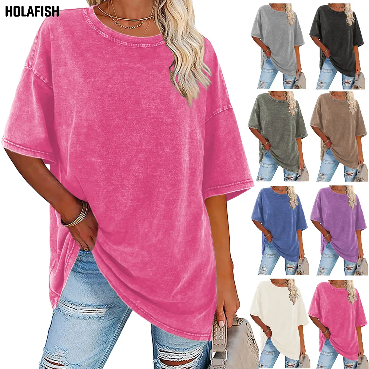 Holafish Women's Acid Washed T Shirts Heavy Cotton Vintage Unisex Tees Loose Fit Short Sleeve Casual Streetwear Basic Tops Crewneck