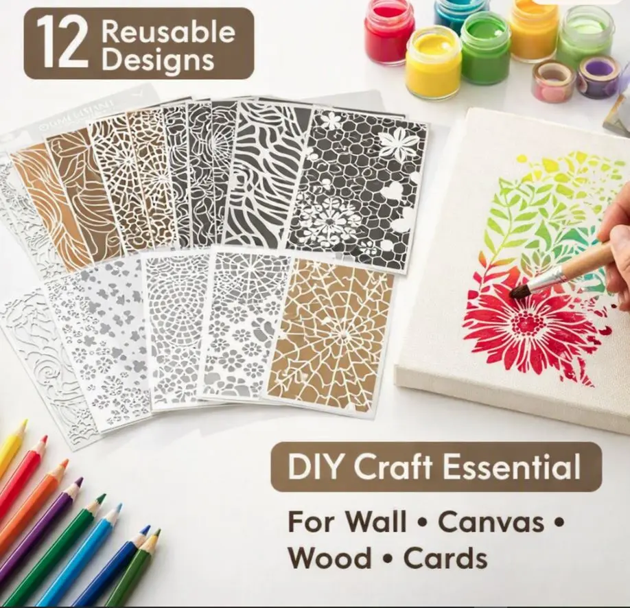 12Pcs Reusable Diy Arts & Crafts Painting Stencil Set - Wood Grain, Flower, Texture, Spider Web Pattern Templates, Spray Paint Stencils for Wall, Canvas, Wood, 11×7in