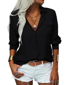 Womens Solid Lapel Long Sleeves Button Down Shirt Top Casual Basic Office Blouse