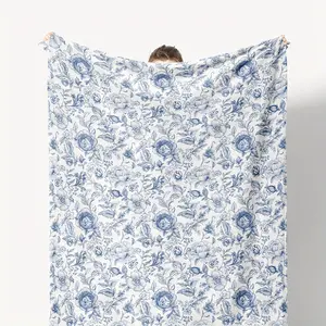 1pc Blue and white chinoiserie floral blanket, millennial blue floral blanket for sofa bed living room bedroom, chinoiserie home decor blanket, large millennial decorative flannel throw blanket