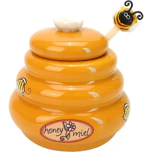 Ceramic Honey Pot with Wooden Dipper - Small Bee Hive Jar Honey Storage with Lid Stir Bar (5 Oz) - Farmhouse Kitchen Decor, Tea Accessories, Dishwasher Safe Honey Dispenser Kitchen Supplies