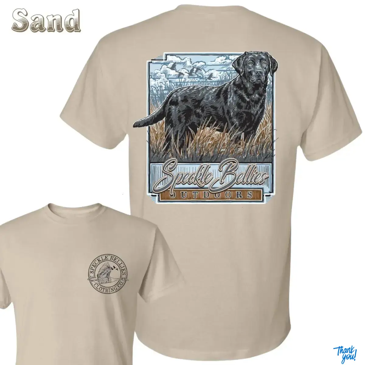 Speckle Bellies Black Labrador Graphic T-Shirt, Sand Hunting Tee With Labrador Retriever Back Print And Small Chest Logo, Unisex Outdoor Shirt For Duck Hunting, Dog Lovers, Top Menswear Streetwear Casual