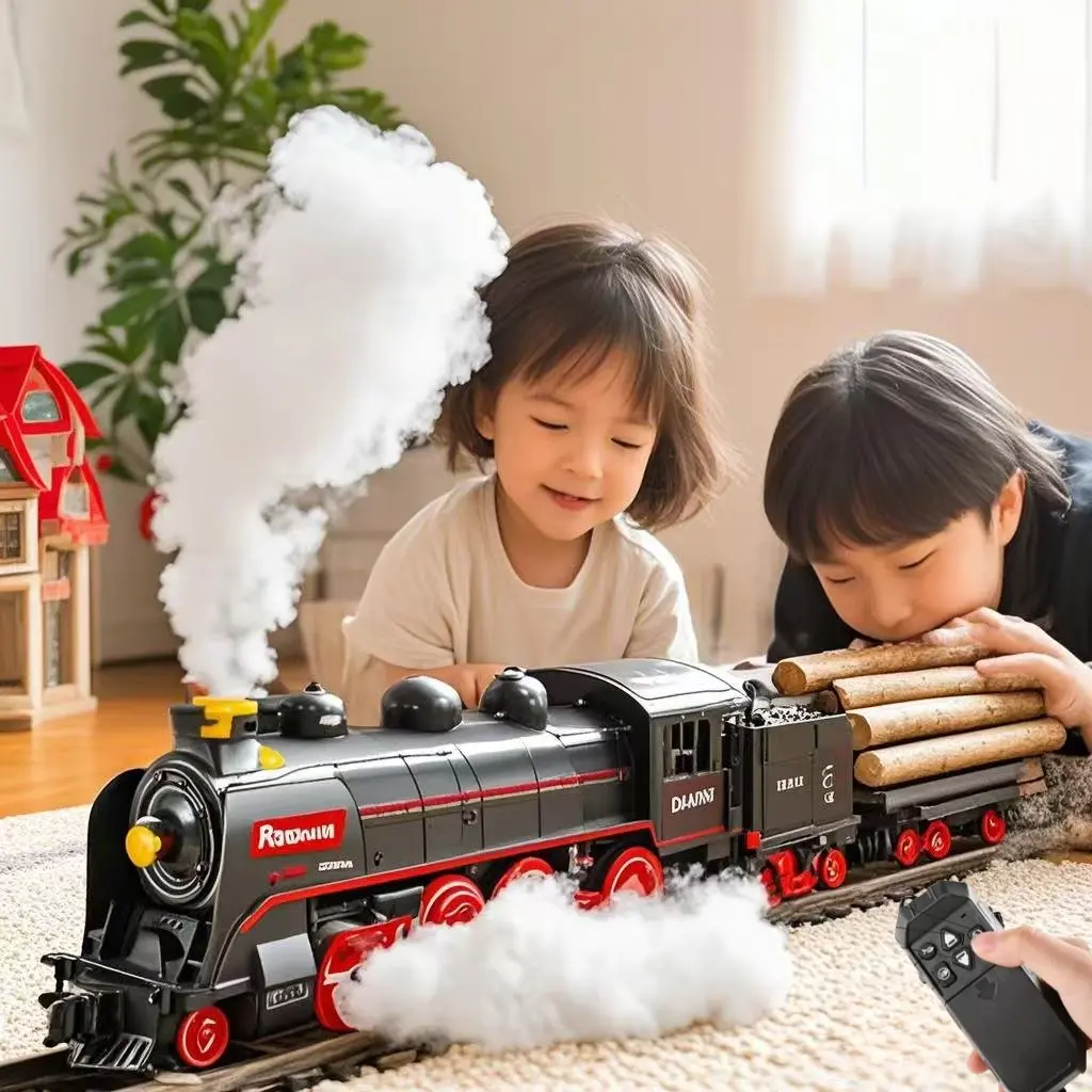 Vintage Rechargeable Remote Control Steam Train Set - Unisex Remote Control Hobby Toy with Smoke & Light, Sound, Water Spray, Collectible Design - Ideal Christmas Gift for Train Lovers (Ages 3+)
