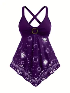 【Plus Size】 Sun & Moon Print Tank Top, Casual Sleeveless Top for Summer, Women's Plus Clothing for Daily Wear