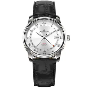 Oceaneva Men's OceanTrek Silver GMT Automatic 200m Leather Watch Black Italian Leather Strap 316L Stainless Steel Case 41-Hour Power Reserve
