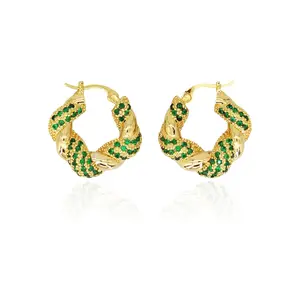 Adelisa&Eli Jewelry - Gold Hoop Earrings with Green Gemstones and Cubic Zirconia
