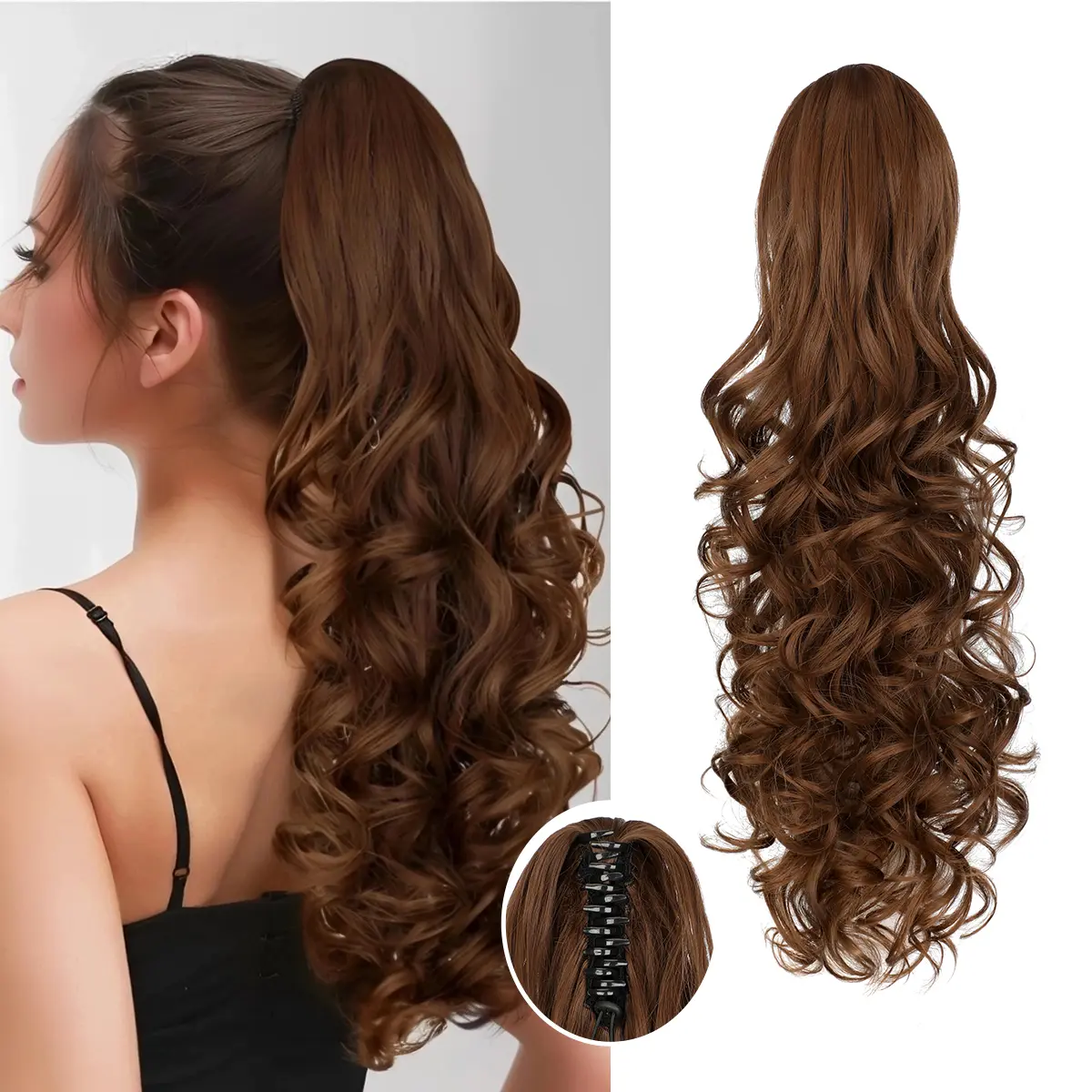 Lansigreen 24in Claw Clip Ponytail Extensions, Beginner-Friendly Bouncy Long Curly Synthetic Hairpieces, Women's Jaw Clip-On Hair Extensions for Daily & Party Summer Styles, Bouncy All Day, Medium Brown, Light Brown, Dark Brown