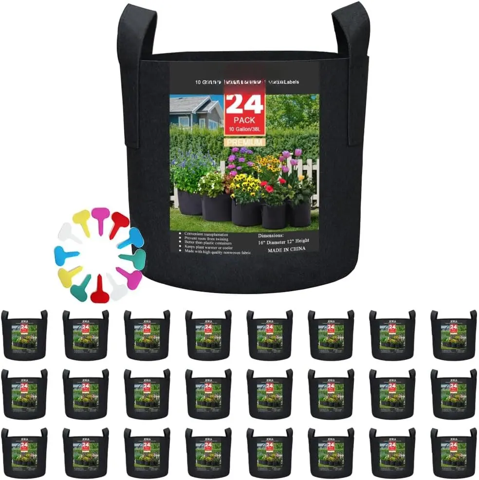 24-Pack 10 Gallon Nonwoven Grow Bags,  Grow BagsHeavy Duty Aeration Fabric Pots with Durable Handles, Come with 24 count  Labels