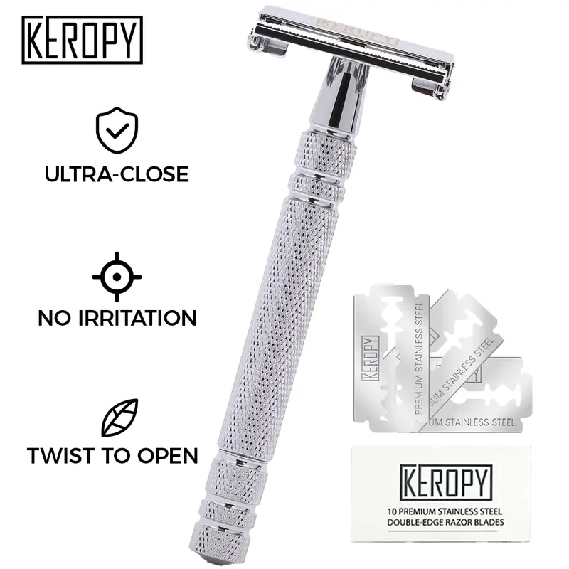 KEROPY Vintage Double Edge Safety Razor - Men's Classic Brass All Metal Shaving Tool, Extended Handle Hair Shaving Tool, 10 Steel Blades for Smooth Shave