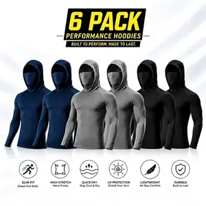 6 Pack Men UPF Sun Protection Compression Hooded Shirts, Quick Dry Breathable Long Sleeve Athletic Tops with Attached Face Mask, Lightweight Cooling Performance Activewear for Fishing Construction Outdoor Work