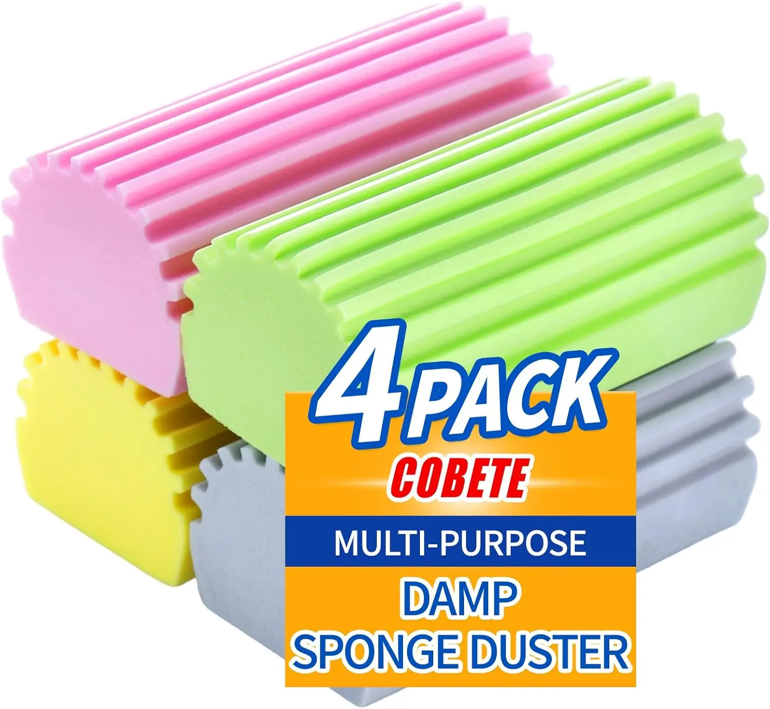 Damp Clean Duster Sponge 4 Pack - Reusable Damp Dusting Sponge for Blinds, Glass, Baseboards, Radiators & Window Track Grooves (Multi Color)