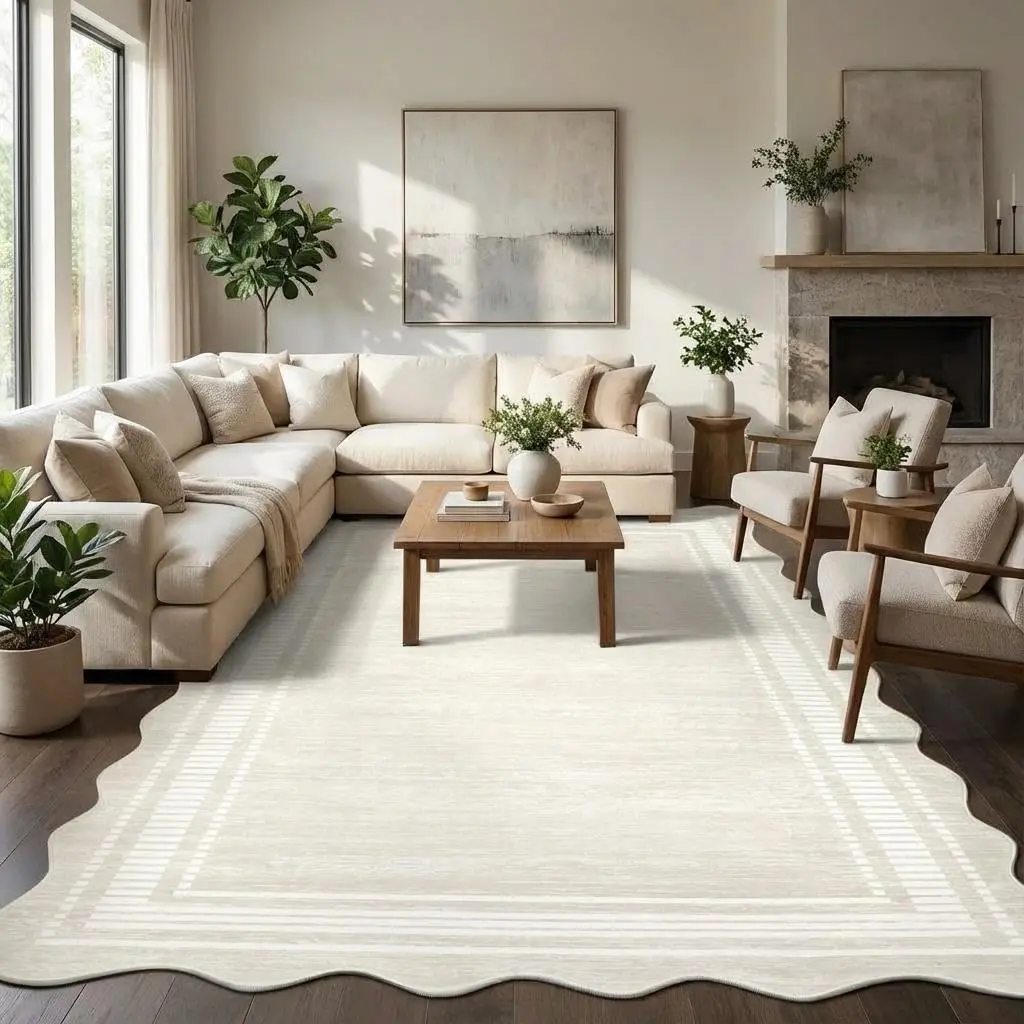 5x7 Area Rugs for Living Room Washable Rug Modern Scalloped Rug for Bedroom Scalloped Throw Rugs Stain Resistant Throw Carpet Low Pile Floor Cover for Office Dining Room Nursery，Cream