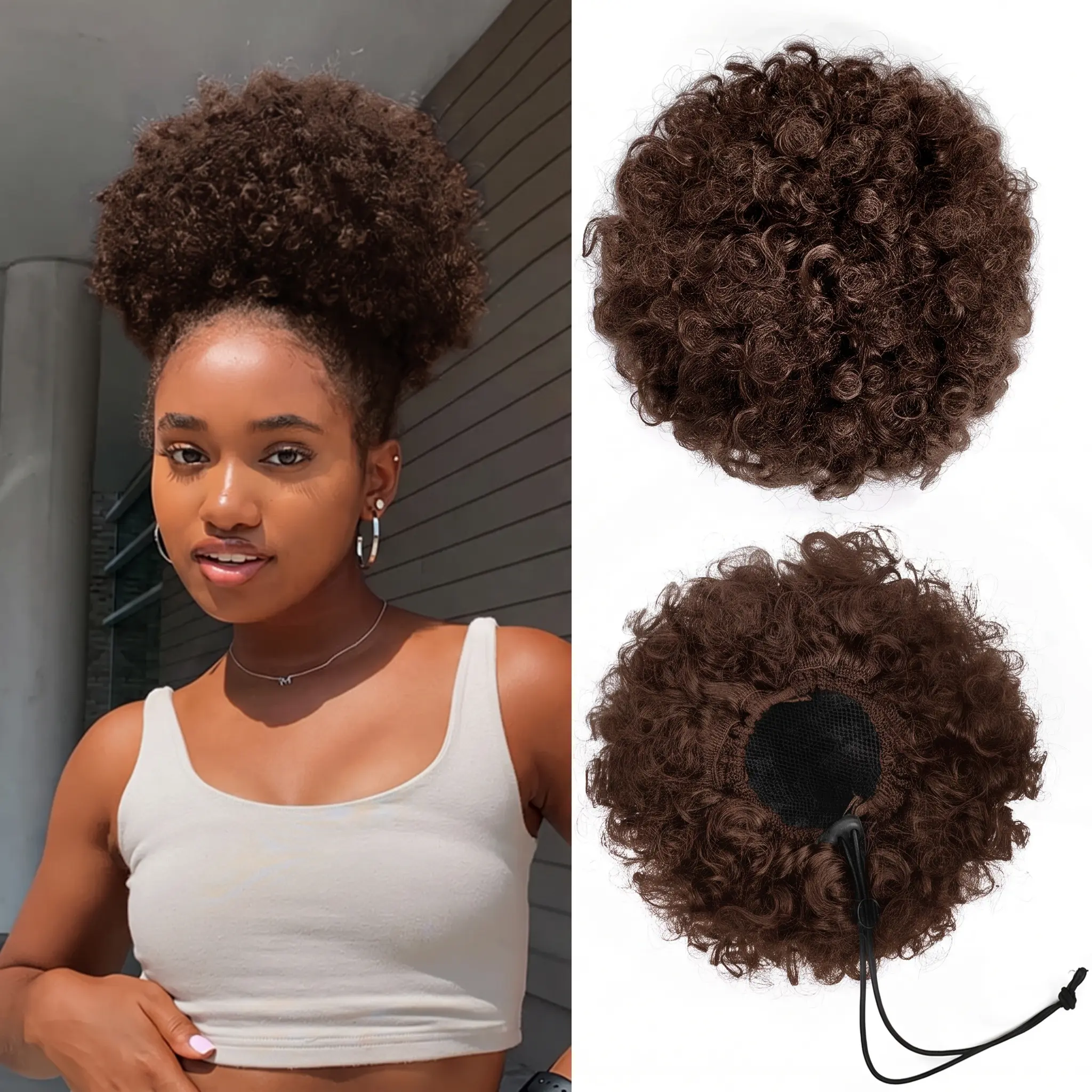 2# Brown Afro Puff Drawstring Ponytail Extension for Black Women, Premium Human Hair Afro Puff Ponytail for Natural Hair,Clip On Kinky Drawstring Curly Ponytail Bun