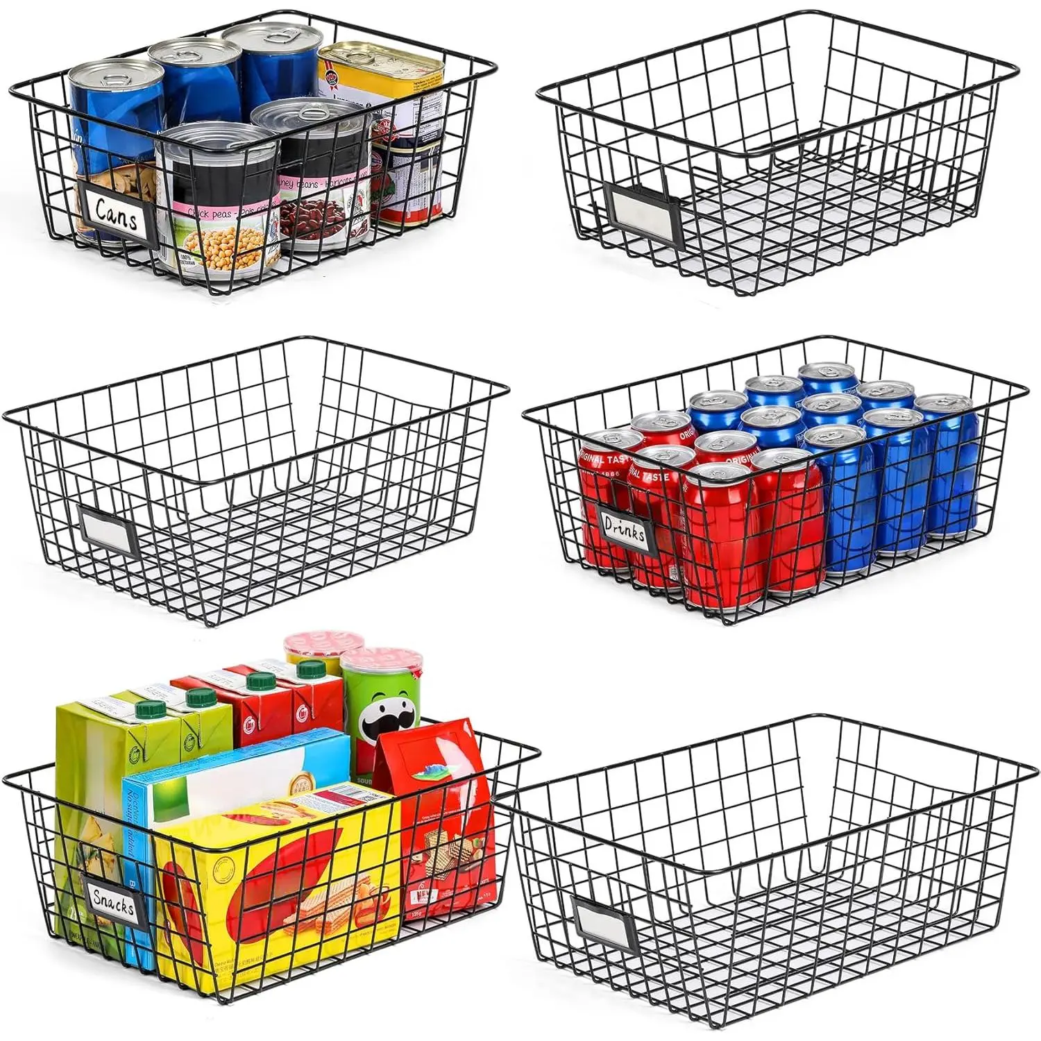 6 Pack [ Extra Large ] Wire Storage Baskets for Organizing with Lables, Pantry Organization Bins Cabinets - Metal Basket Kitchen, Laundry, Garage, Fridge, Bathroom Countertop Organizer, Black