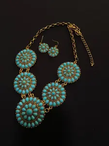 Southwestern Authentic Turquoise & Silver-Tone Oval Blossom Jewelry Set - 026