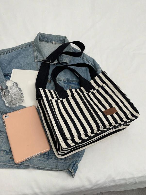 Stylish Black White Vertical Stripe Canvas Tote Bag with Shoulder Strap – Lightweight, Casual, Spacious, Durable Handbag for Women – Daily, Work, Travel, School Use