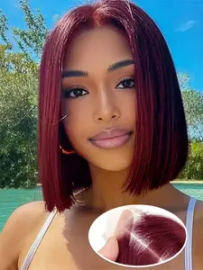 4x4 10 Inch Straight Bob Wig,Glueless Wig Human Hair Natural Look Available in 99j/Brown/1B Color Easy to Wear Human Hair Pre-Cut Lace Closure Wig