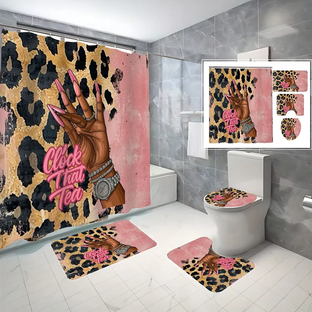 4 Pcs Leopard Print Clock That Tea Bathroom Curtain Sets with 12 Hooks,Pink Black Glam Hand Quote Large Waterproof Thickened Mildew Proof Bathroom Partition Curtain,Bathroom Shower Curtain,Toilet Lid Cover,Non-Slip Bathroom Rugs and U Shape Bath Mat