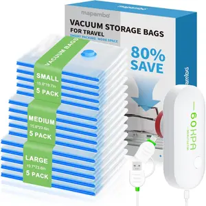 15 Pack Vacuum Seal Bags for Clothing Travel with -60000Pa USB Pump, Save 80% of for Clothes (15 Combo)