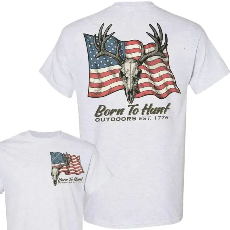 Born To Hunt Outdoors T-Shirt, Deer Hunter Shirt, Deer Skull American Flag Tee, Deer Antler Hunting Shirt, Camo Shirt, 4th Of July Gift For Hunter - KitchenEra, Graphic, Menswear