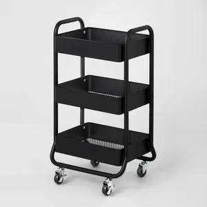 3 Tier Metal Utility Cart Black - Brightroom: Rolling Storage Trolley with Wheels, Powder-Coated, Rust-Resistant