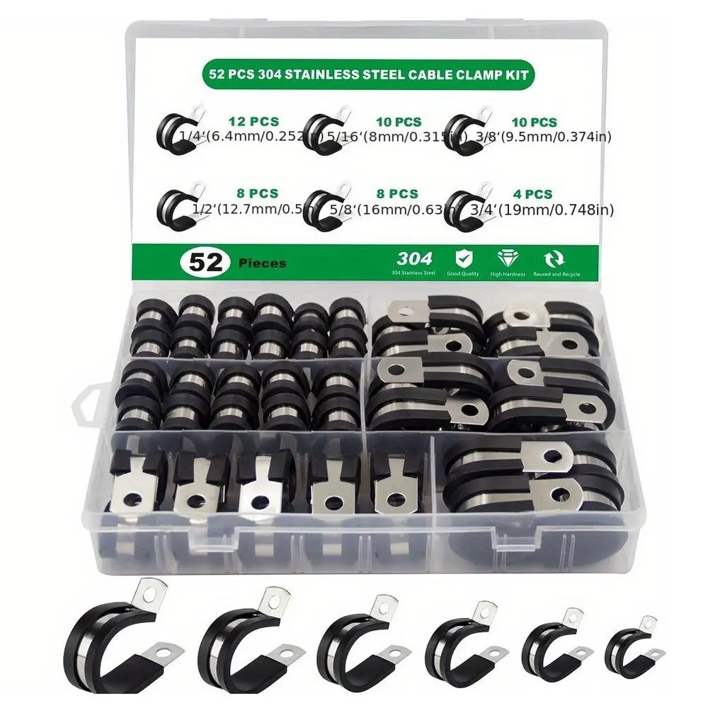 Durable metallic Cable Clamp Set, 52pcs/set 6 Sizes 30 Degree Elbow Round Heavy Duty Hose Fitting Stainless Steel with Rubber Pad Tube Clamps for Secure Grip Hose Attachment