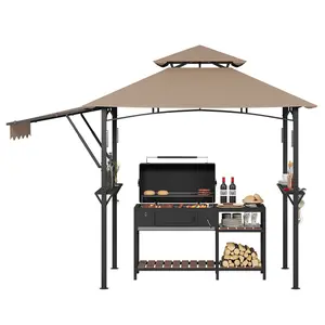8x5 ft Grill Gazebo with Side Awnings, 2-Tier Outdoor BBQ Gazebo Grill Canopy w/ 2 Shelves, 10 Hooks, 4 LED Lights & Ceiling Hook, Heavy Duty Steel Frame for Patio Backyard