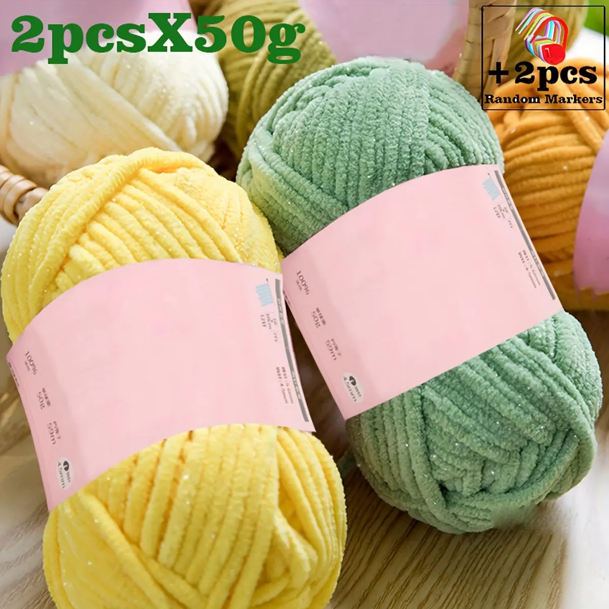 2pcs 50g Shimmering Chenille Yarn for DIY Knitting - Includes 2 Random Markers - Diameter: 4.5mm, Length: 59m/2322in - Suitable for Art, Crafts & Sewing - Chenille Yarn Made of Polyester Fiber