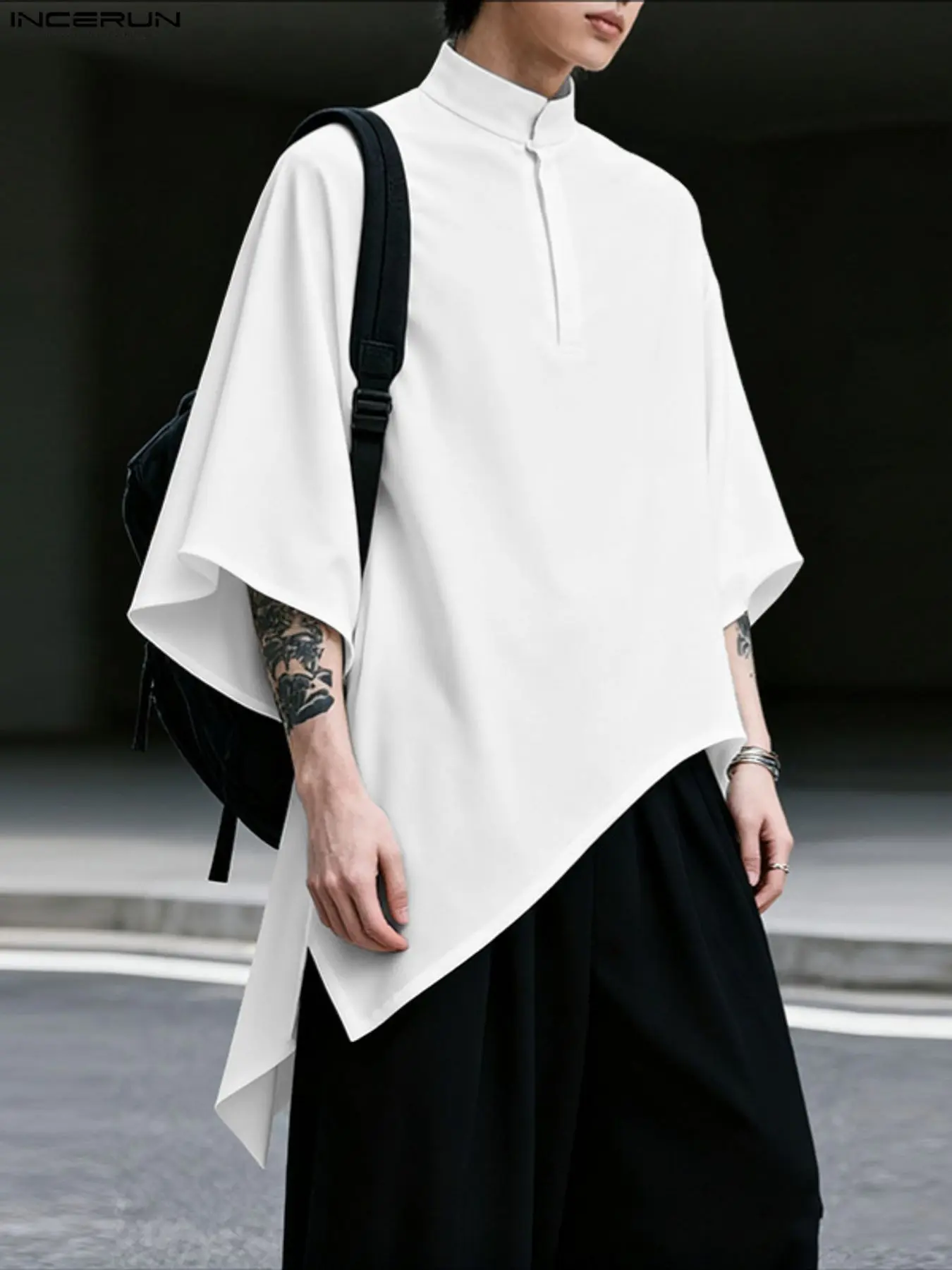 INCERUN Men's Summer Solid Color Loose Baggy Asymmetrical Hem Half Button Stand Collar Seven-Quarter Sleeve Shirt, Casual Fashion Menswear Top for Daily Wear