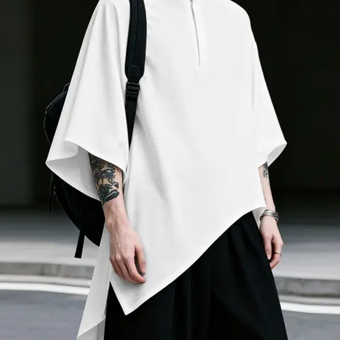 INCERUN Men's Summer Solid Color Loose Baggy Asymmetrical Hem Half Button Stand Collar Seven-Quarter Sleeve Shirt, Casual Fashion Menswear Top for Daily Wear