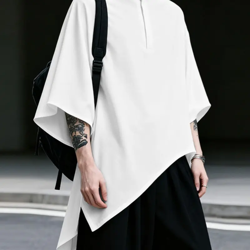 INCERUN Men's Summer Solid Color Loose Baggy Asymmetrical Hem Half Button Stand Collar Seven-Quarter Sleeve Shirt, Casual Fashion Menswear Top for Daily Wear