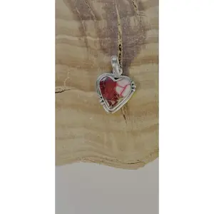 Red Rose Dahlia Heart Pendant - Sterling Silver