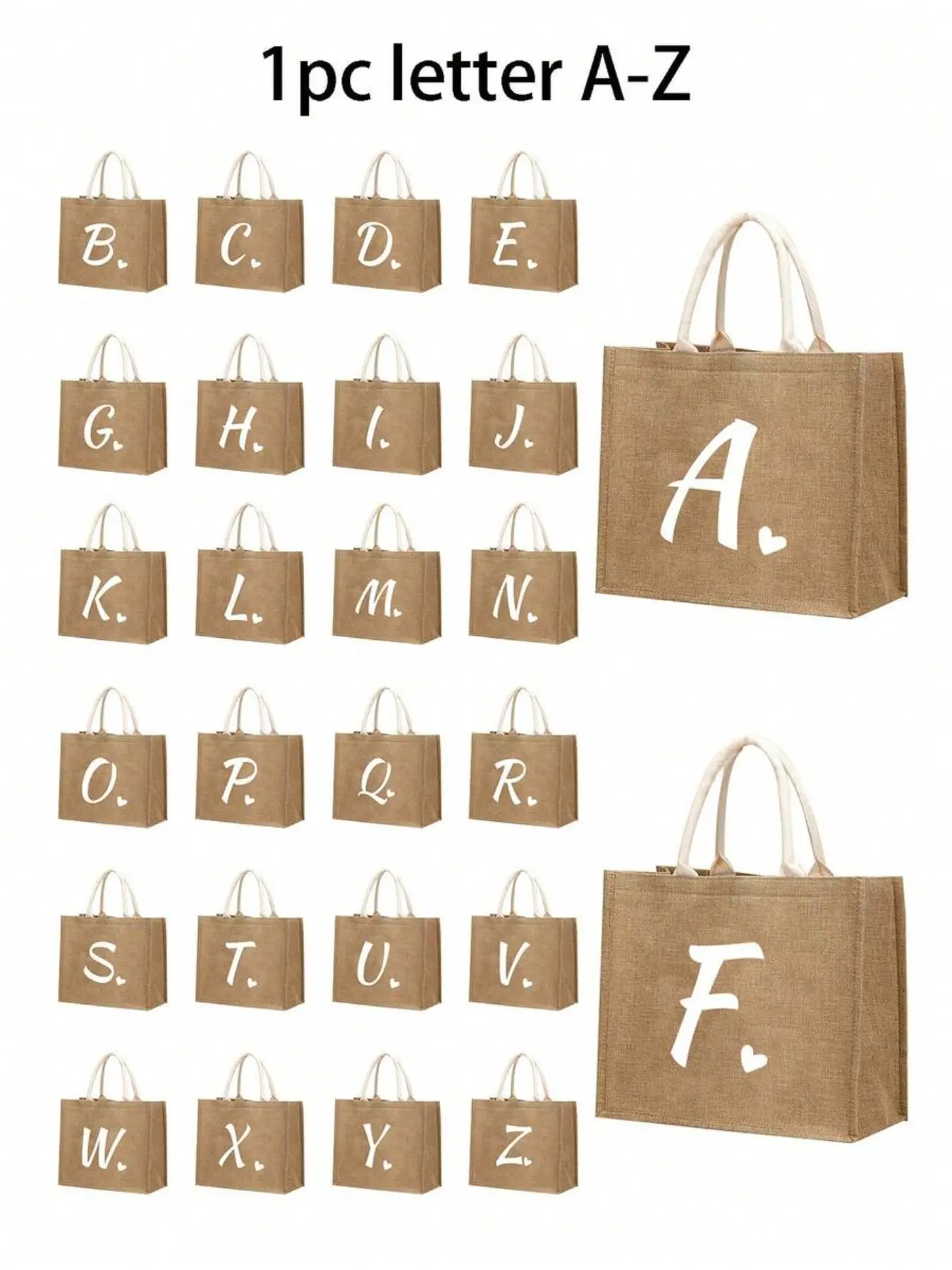 1pc Linen Flower Letter Heart Handbag, Personalized Gift Bag, Large Capacity Lightweight Tote Bag, Beach Handbag, Cosmetic Clutch, Outdoor Camping Bag, Shopping Bag, Suitable For Weddings, Birthdays, Beaches, Holidays, Is A Perfect Gift For Women