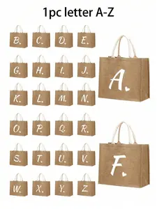 1pc Linen Flower Letter Heart Handbag, Personalized Gift Bag, Large Capacity Lightweight Tote Bag, Beach Handbag, Cosmetic Clutch, Outdoor Camping Bag, Suitable For Weddings, Birthdays, Beaches, Holidays, Is A Perfect Gift For Women