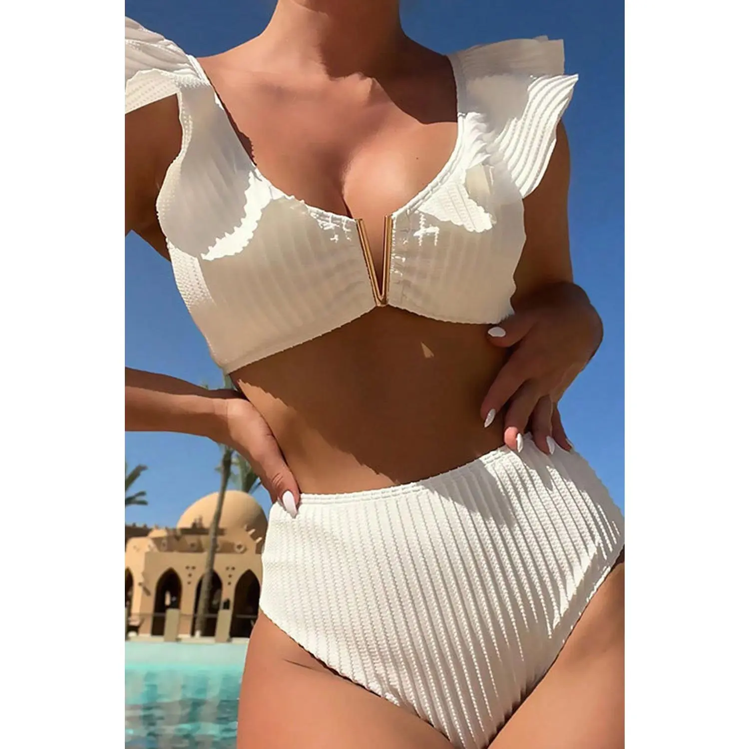 White Textured Ruffled Notched V Neck High Waist Bikini Set