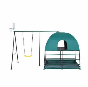 JumpKing Kids Climbing Den & Outdoor Playset — Two-Level Play Structure with Swing, Basketball Hoop, Fireman’s Pole & Ball Pit Area | Outdoor Active Play Gym for Ages 6+