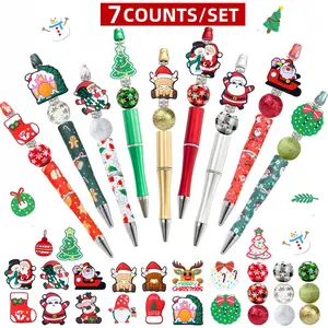 7PCS Christmas DIY Beaded Pen Set with Beads (Santa/Sleigh/Reindeer Charms) - Creative Stationery Gift Writing Pen for School Office Supplies